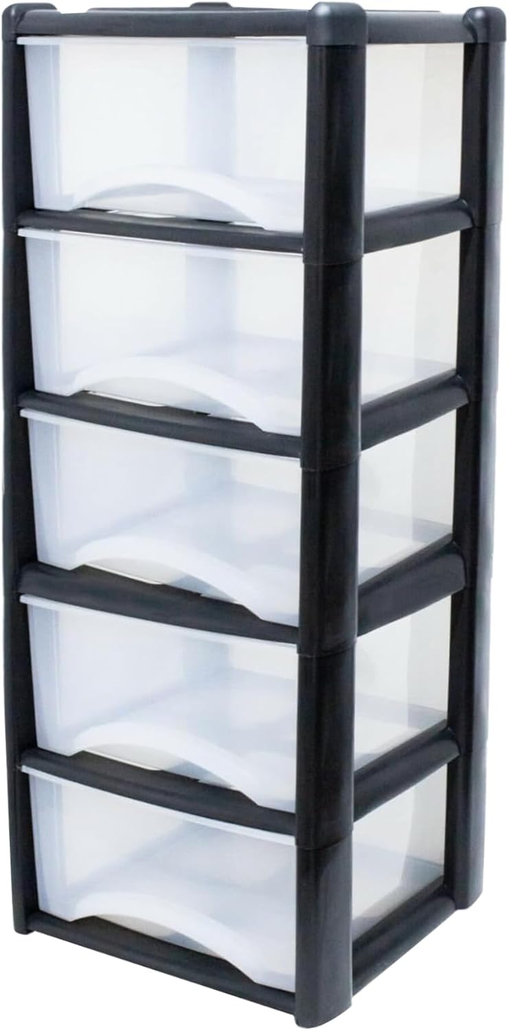 Neat. 5 Plastic Storage Drawers Unit with See-Through Drawers, Compact Vertical Design – Durable Plastic, Ideal for Organizing Office Crafts, and Household Items, 100cm x L39cm x W39cm – Black/Clear