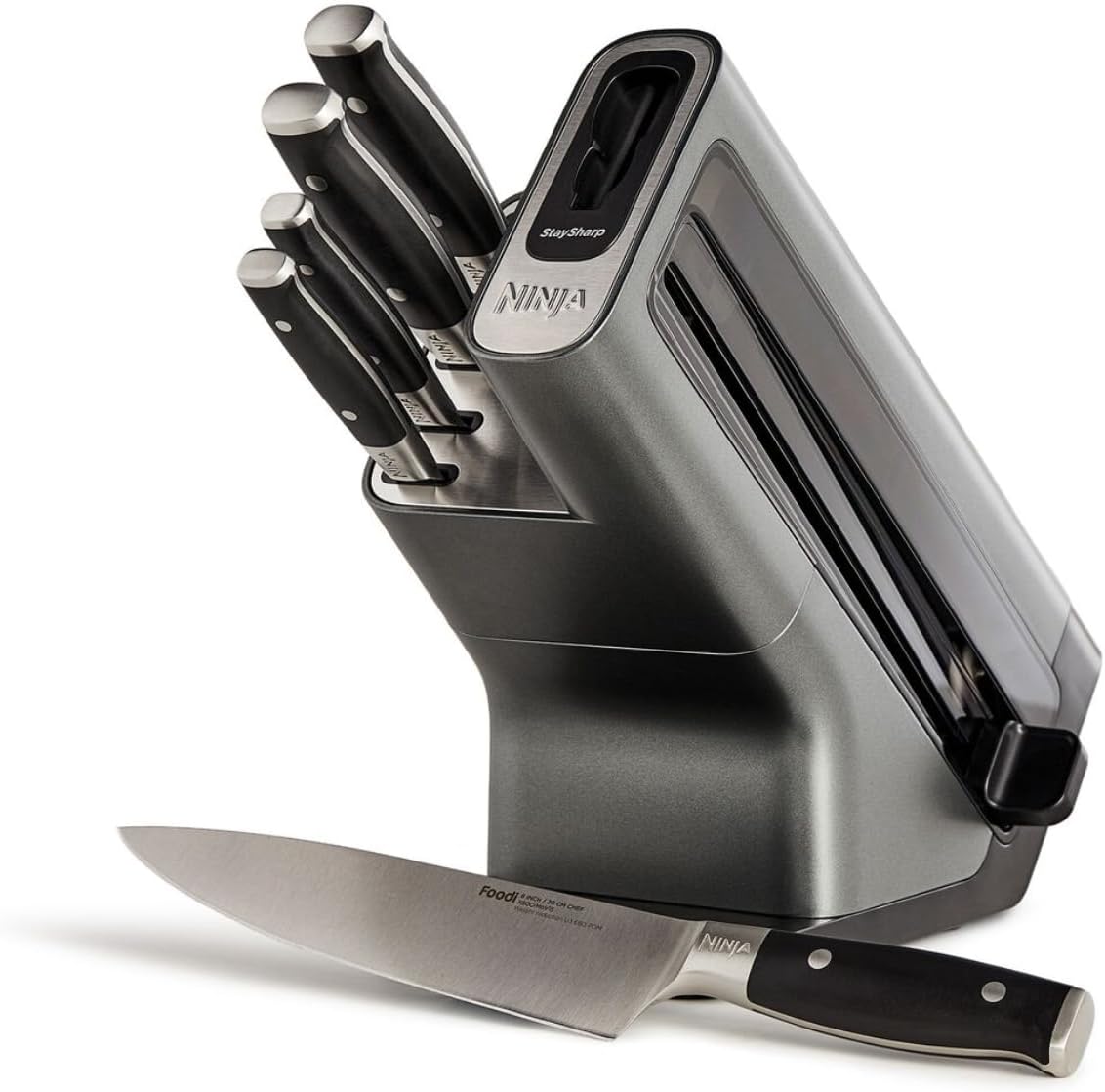 Ninja Foodi StaySharp Knife Block with Integrated Sharpener, 5-Piece Set, Includes Kitchen and Herb Scissors, Black/Stainless Steel, K32005UK