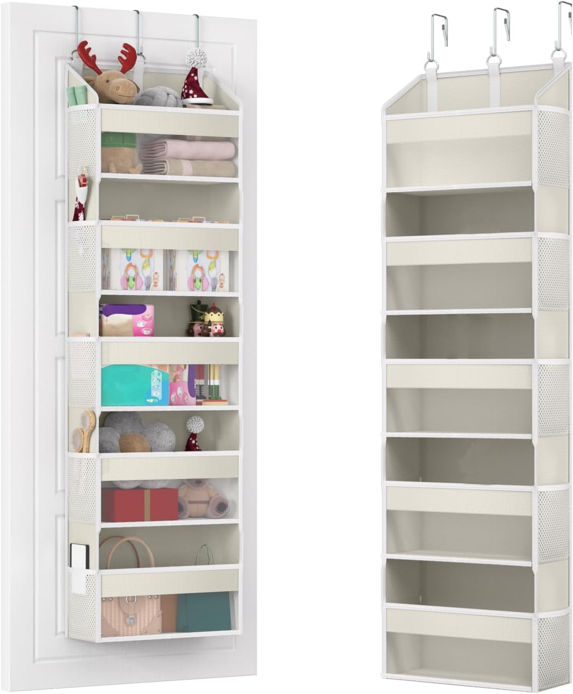 Over Door Organiser with 5 Front & 10 Mesh Side Pockets, 50LB Weight Capacity Hanging Storage Organiser Multi-Room Space-Saving Design with 3 Sturdy Hook for Closet, Bathroom, Kitchen, Pantry, Beige