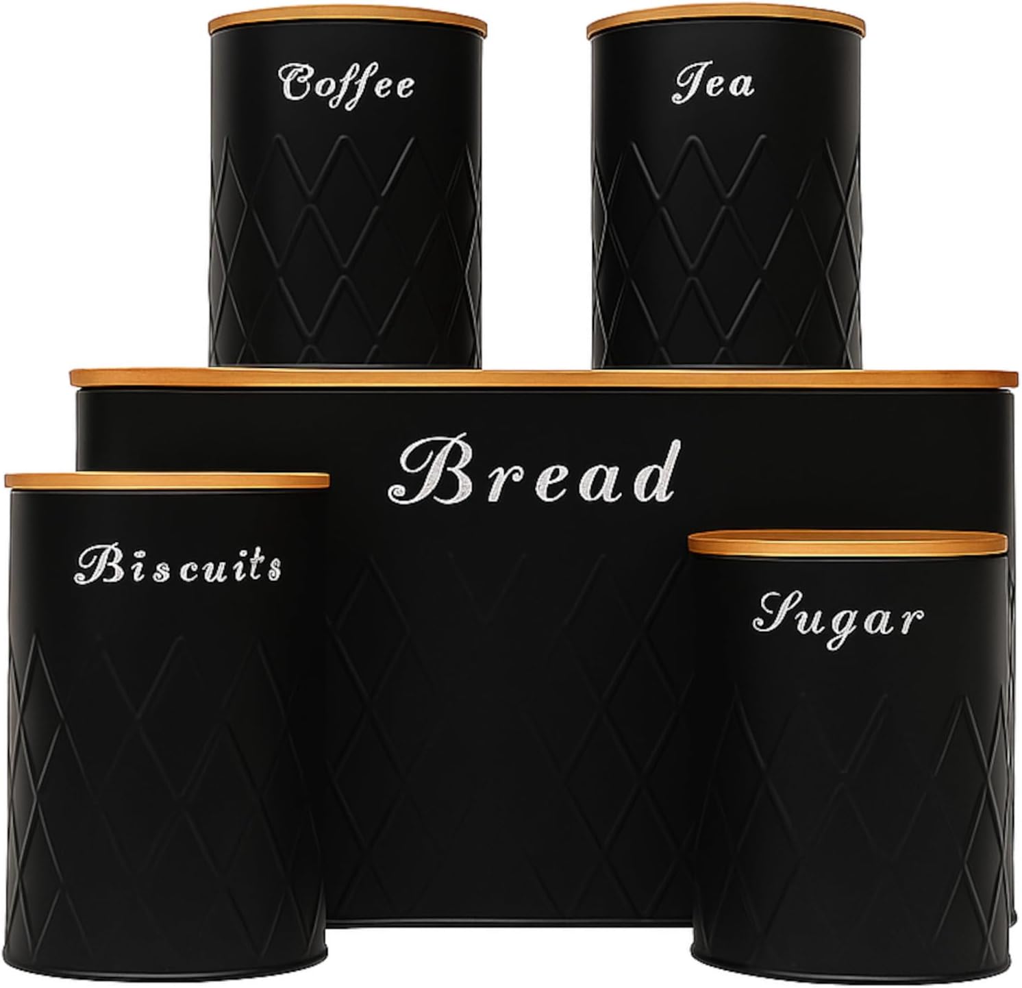 Oypla 5pc Black Bamboo Lid Kitchen Canister Storage Tin Set Bread Biscuits Tea Sugar Coffee