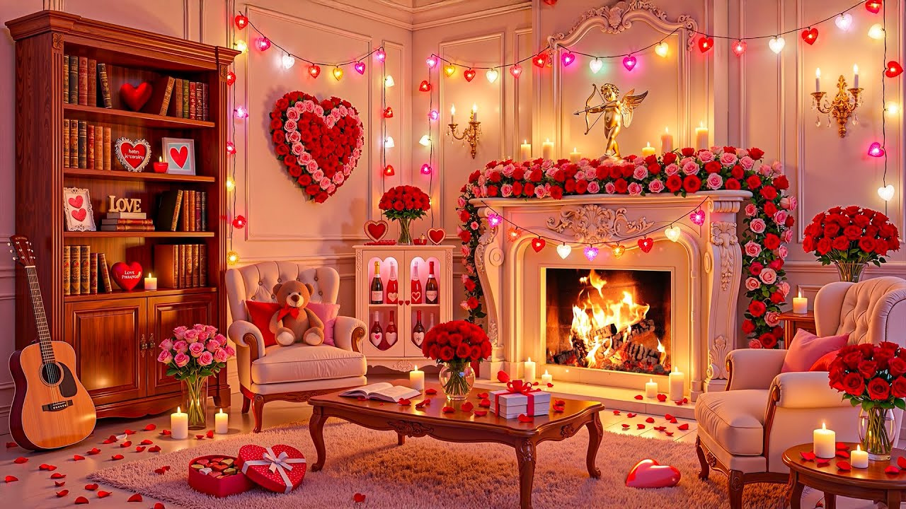 Romantic Valentine’s Fireplace’s Music 💝 Valentine’s Fireplace’s Ambience 💕 Happy Valentine’s Day