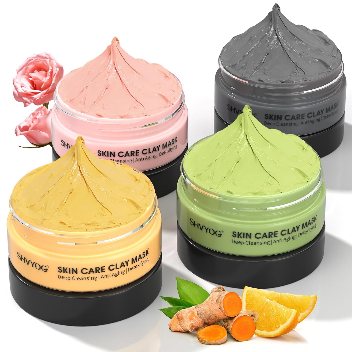 SHVYOG 4Pcs Face Mask Set – Turmeric Clay Mask, Vitamin C, Green Tea, Rose, Dead Sea Mud Mask, Skin Care Mask for Deep Cleansing, Refining Pores, Valentine’s Day Gifts for Women- 240g