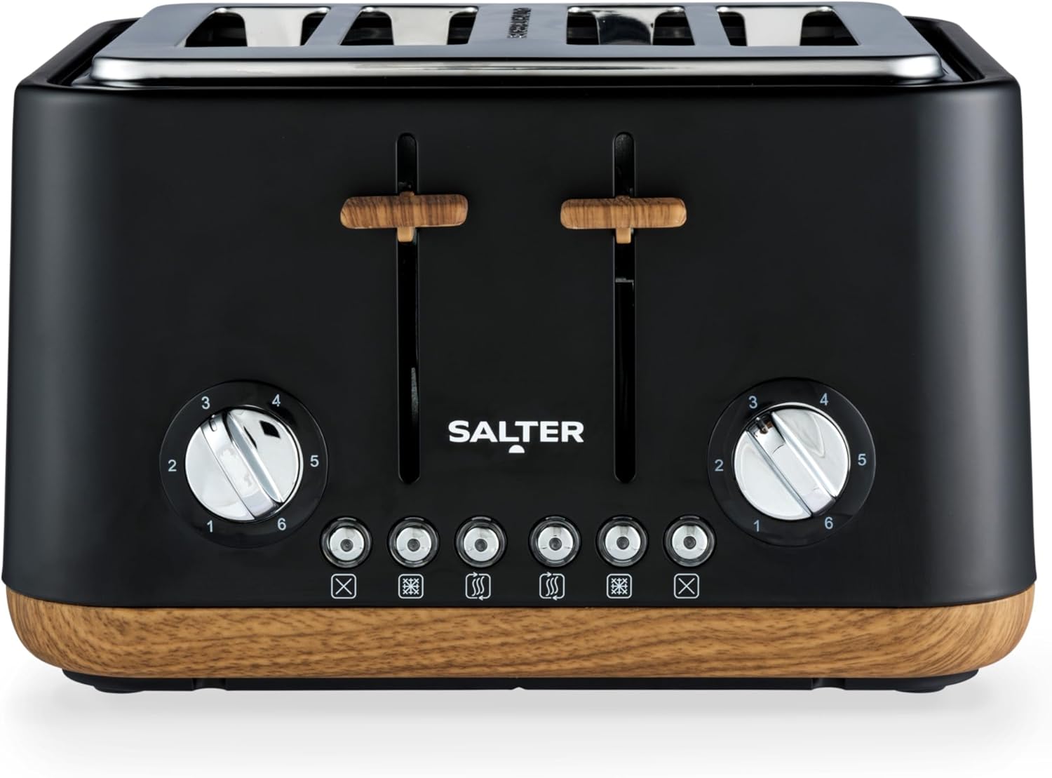 Salter Toronto 4-Slice Toaster – Wide Slots, 6 Browning Levels, Removable Crumb Tray, Defrost, Reheat, Cancel, Self-Centring Function, High-Lift Eject, 1630 W, Wood Effect, Matt Black