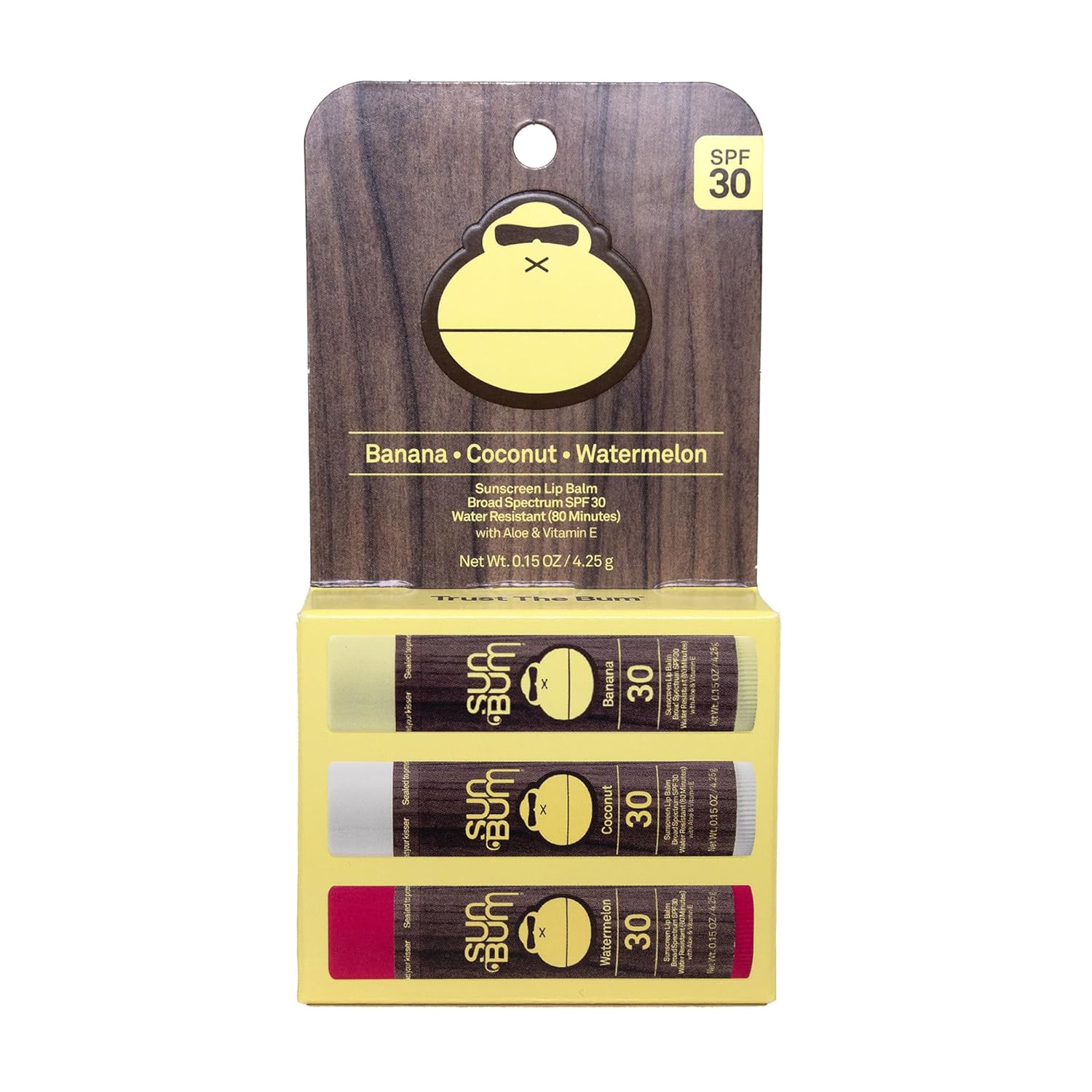 Sun Bum SPF 30 Sunscreen Lip Balm 3 Flavor Variety Pack – Coconut, Banana, Watermelon – Moisturizing Aloe Vera and Vitamin E – Vegan and Cruelty Free – UVA/UVB Lip Protection – 0.15 oz, 3 count