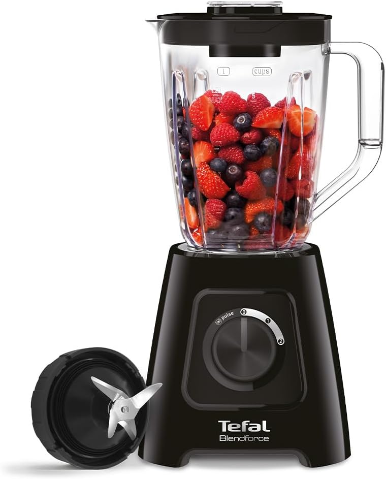 Tefal Blendforce II Blender, 2L Plastic Jug, 1.25L Effective Capacity, 600W, 4 Removable Stainless Steel Blades, Smoothie, Ice Crush, 2 Speeds + Pulse, Kitchen Shakes Maker, Black, BL420840