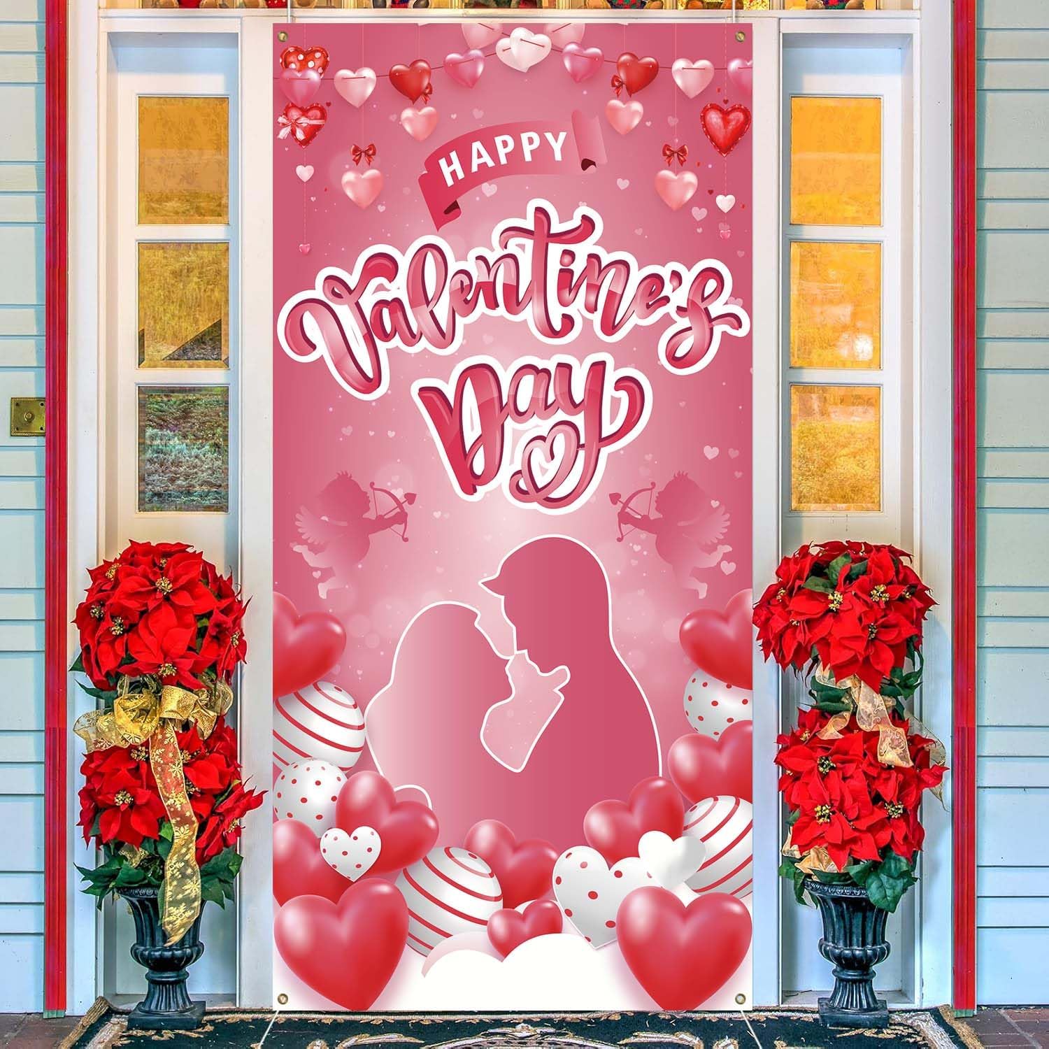 Valentines Day Door Cover, 71x35inch Valentines Day Door Decorations, Romantic Heart Theme Front Door Banner for Valentine Party Indoor Outdoor Home Decor