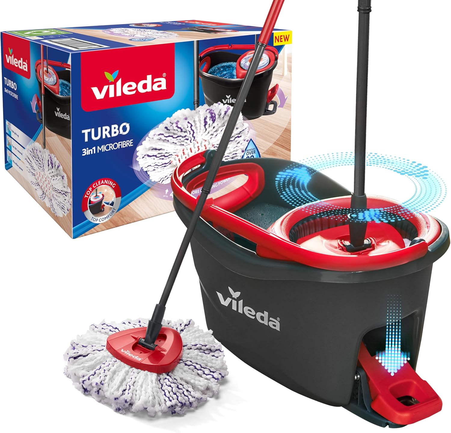 Vileda Turbo 3 in 1 Mop and Bucket Set with Microfibre Mop Head, Spin Mop & Bucket For Cleaning All Hard Floors, Effortless Wringing with Foot Pedal, Scrubbing Pad on Mop Head for Stubborn Dirt