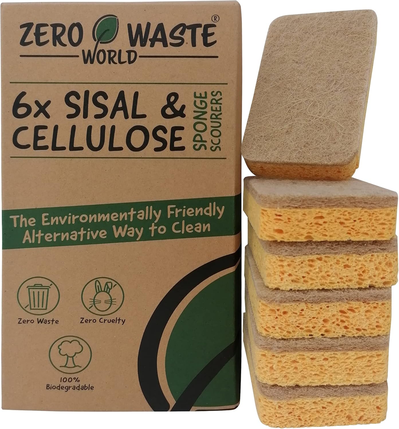 ZERO WASTE WORLD Natural sponge -eco friendly washing up sponges, natural cleaning products for home,non scratch 100% biodegradable (cellulose sisal)