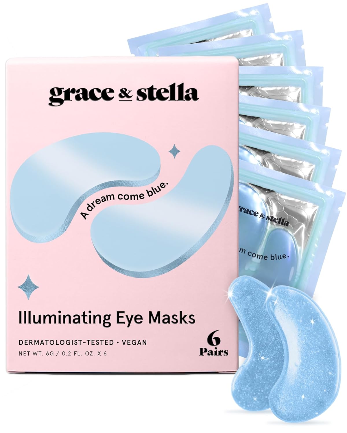 grace & stella Award Winning Under Eye Mask Reduce Dark Circles, Puffy Eyes, Undereye Bags, Wrinkles, Gel Under Eye Patches, Valentines Bags, Gifts Under 10 Dollars, Vegan (6 Pairs, Blue)