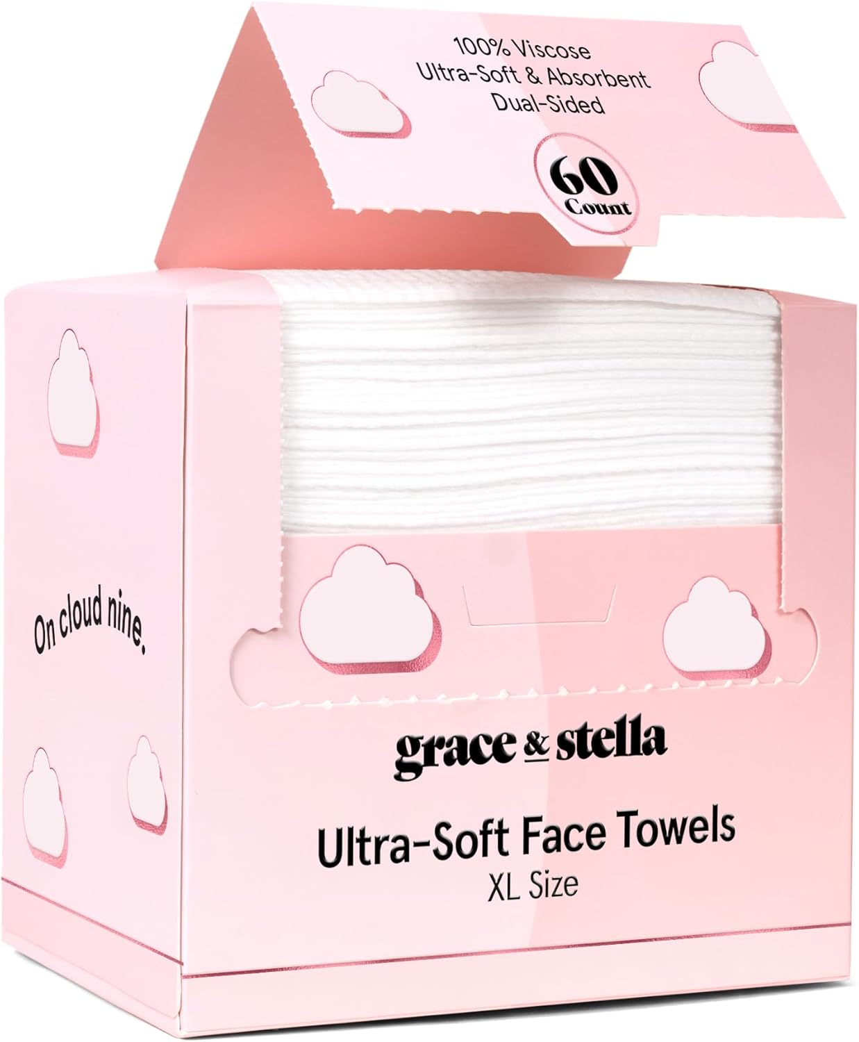 grace & stella Face Towels Disposable – Travel Essentials – Ultra-Soft & Absorbent Face Wipes Towelettes – XL Facial Towels for Cleansing & Makeup Removal – Lint-Free Facial Tissue – Vegan (60 Count)