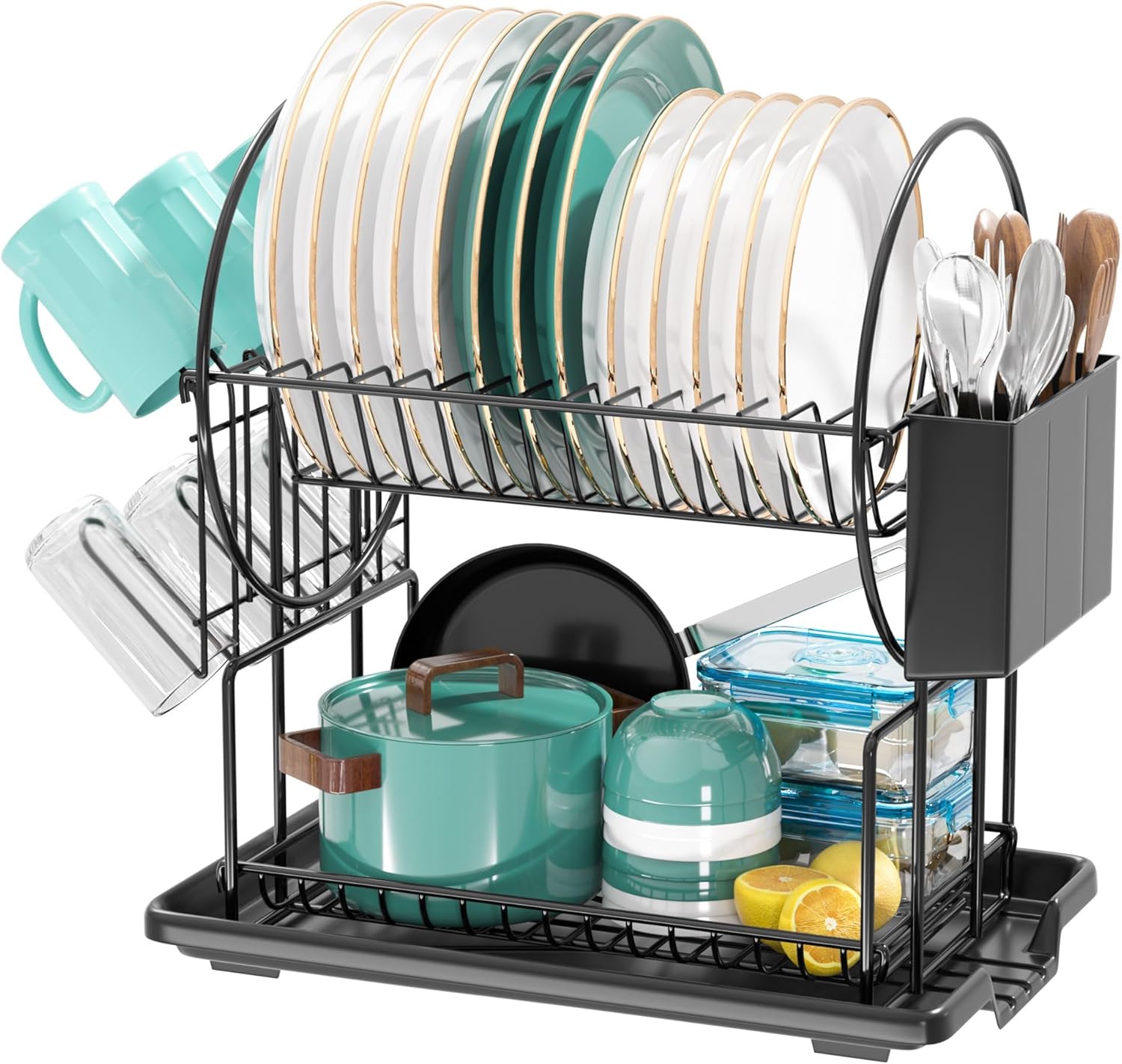niffgaff 2-Tier Black Dish Drying Rack for Kitchen Countertop – Stainless Steel Dish Drainer with Drip Tray, Draining Board & Utensil Holder & cup holder for Small Spaces