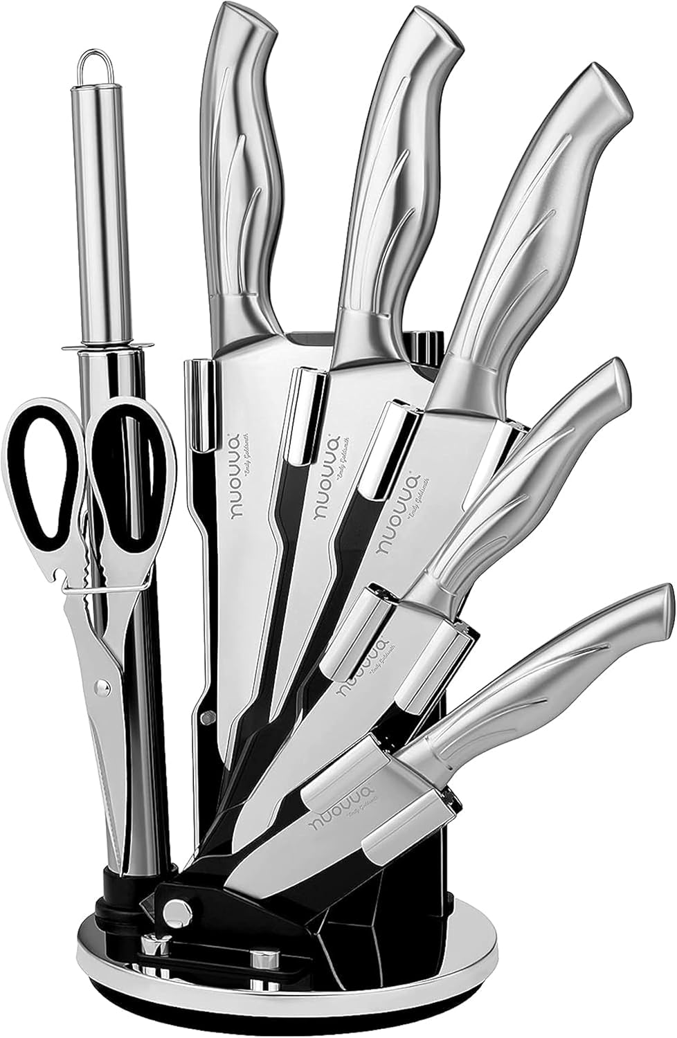 nuovva Kitchen Knife Set with Rotating Stand – Sharp Stainless Steel Knives Set – 360 Degree Rotating Block